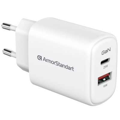 Зарядное устройство Armorstandart 1xUSB-C + 1xUSB 25W GaN white (ARM89532)