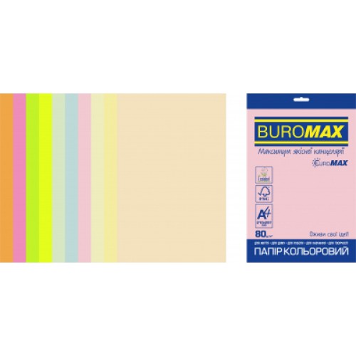 Бумага Buromax А4, 80g, PASTEL+NEON, 10colors, 50sh, EUROMAX (BM.2721750E-99)