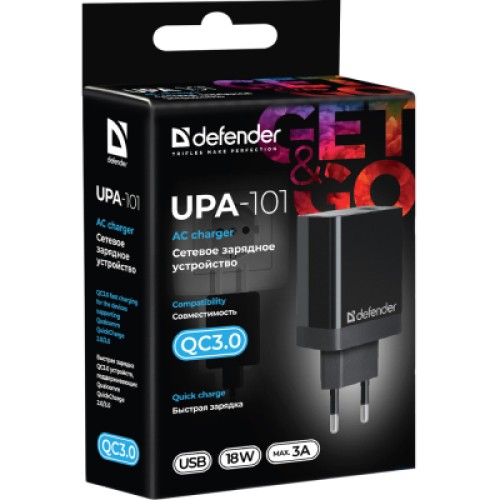 Зарядное устройство Defender UPA-101 black, 1 USB, QC 3.0, 18W (83573)