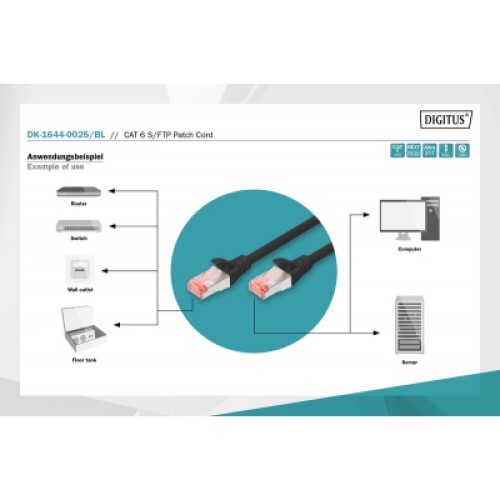 Патч-корд 0.25м, CAT 6 S-FTP, AWG 27/7, LSZH, Black Digitus (DK-1644-0025/BL)