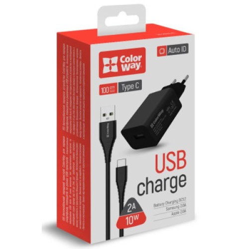 Зарядное устройство ColorWay 1USB AUTO ID 2A (10W) black + cable Type C (CW-CHS012CC-BK)