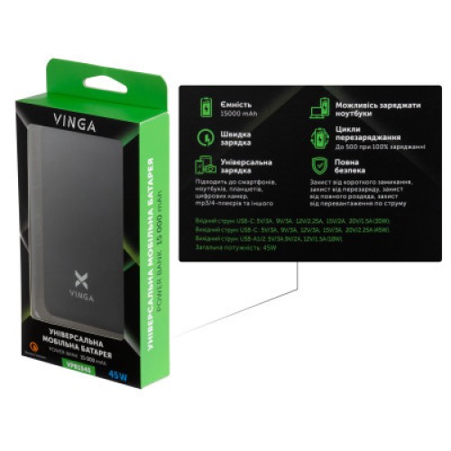 Батарея универсальная Vinga 15000 mAh 45W QC+PD (VPB1545)