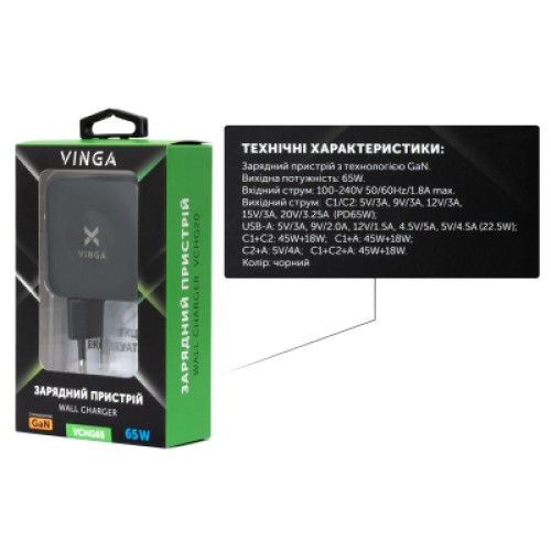 Зарядное устройство Vinga GaN 65W PD+QC 2C1A ports Wall Charger (VCHG65)