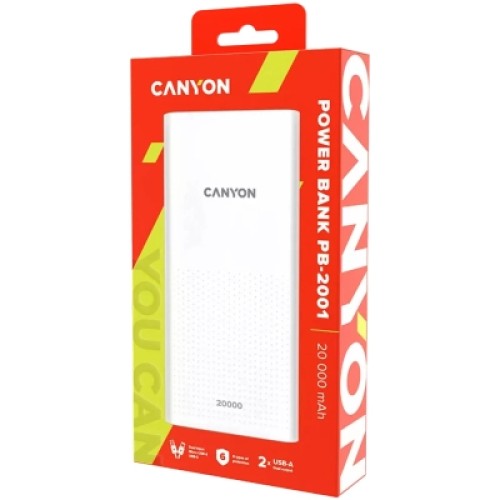 Батарея универсальная Canyon 20000mAh, Input 5V/2A, Output 5V/2.1A(Max), White (CNE-CPB2001W)
