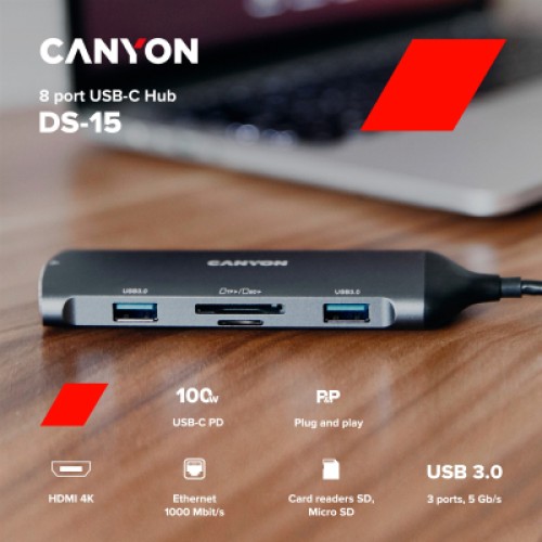 Порт-репликатор Canyon 8-in-1 USB-C (CNS-TDS15)