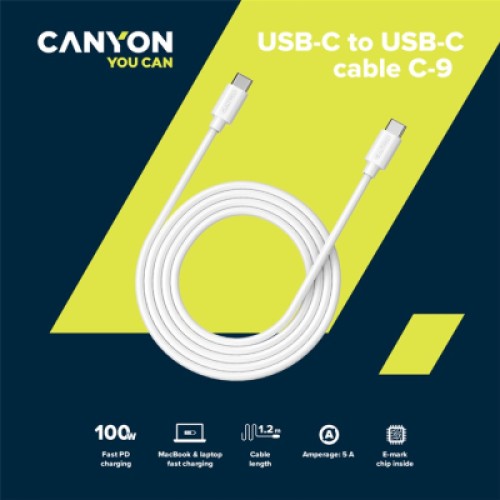 Дата кабель USB-C to USB-C 1.2m 100W 20V/ 5A white Canyon (CNS-USBC9W)
