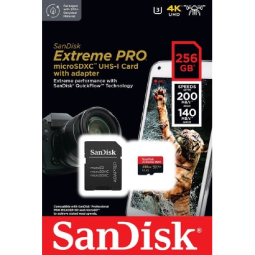 Карта памяти SanDisk 256 GB microSDXC UHS-I U3 Extreme Pro+SD Adapter (SDSQXCD-256G-GN6MA)