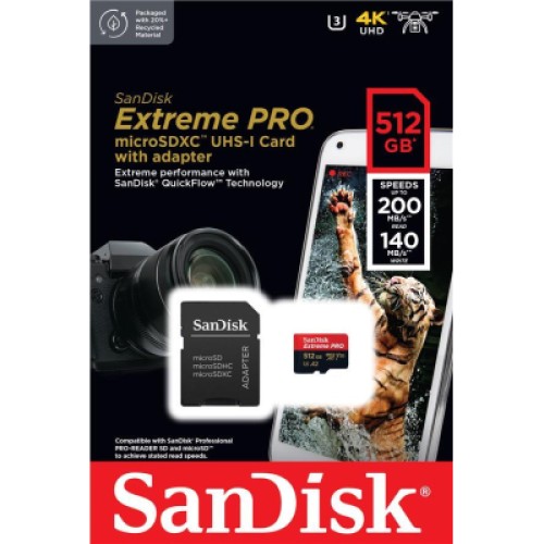 Карта памяти SanDisk 512 GB microSDXC UHS-I U3 Extreme Pro+SD Adapter (SDSQXCD-512G-GN6MA)