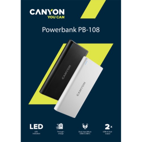 Батарея универсальная Canyon PB-108 10000mAh, Input 5V/2A, Output 5V/2.1A(Max), black (CNE-CPB1008B)