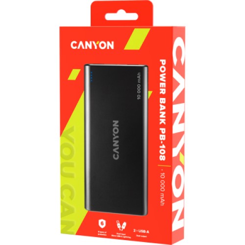 Батарея универсальная Canyon PB-108 10000mAh, Input 5V/2A, Output 5V/2.1A(Max), black (CNE-CPB1008B)