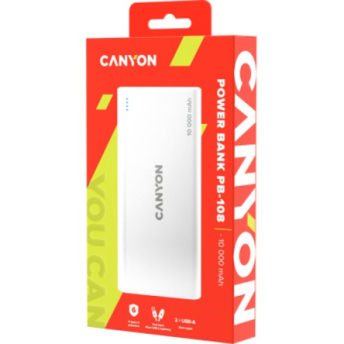 Батарея универсальная Canyon PB-108 10000mAh, Input 5V/2A, Output 5V/2.1A(Max), white (CNE-CPB1008W)