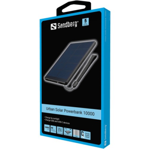 Батарея универсальная Sandberg 10000mAh, Urban, Solar Panel 5V/450mA, PD/18W, Q.C/3.0, USB-C, Micro-USB, USB-A (420-54)