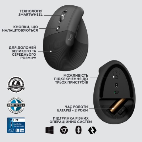 Мышка Logitech Lift Left Vertical Ergonomic Wireless/Bluetooth for Business Graphite (910-006495)