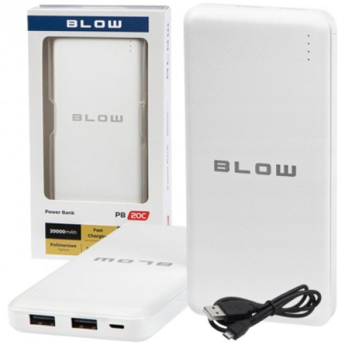 Батарея универсальная Blow 20000mAh, inp:Micro-USB(5V/2A), out:USB-A*2(5V/2,4A max), white (PB20C)