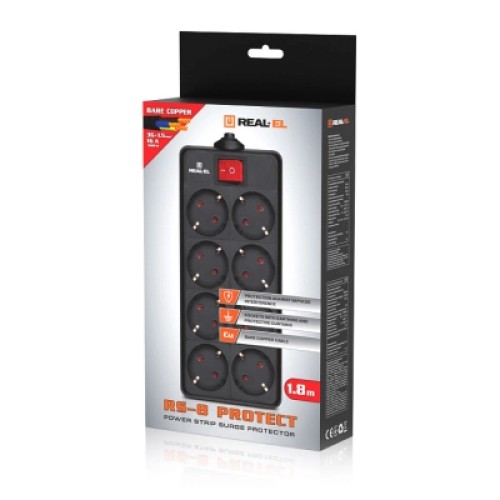 Сетевой фильтр питания REAL-EL RS-8 Protect 5m, black (EL122300024)