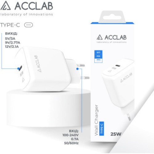 Зарядное устройство ACCLAB AL-TC125 1хType-C 5В/3A/25W QC/PD3.0 (1283126538841)