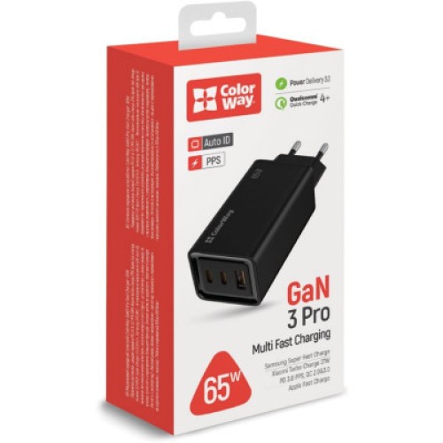 Зарядное устройство ColorWay GaN3 Pro Power Delivery (USB-A + 2 USB TYPE-C) (65W) (CW-CHS039PD-BK)
