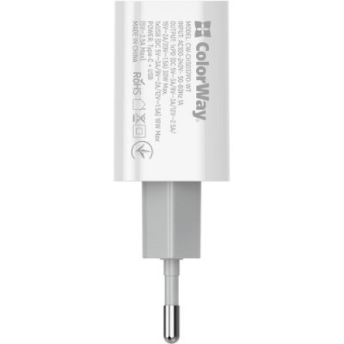 Зарядное устройство ColorWay PD Port PPS USB (Type-C PD + USB QC3.0) (30W) (CW-CHS037PD-WT)