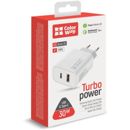 Зарядное устройство ColorWay PD Port PPS USB (Type-C PD + USB QC3.0) (30W) (CW-CHS037PD-WT)