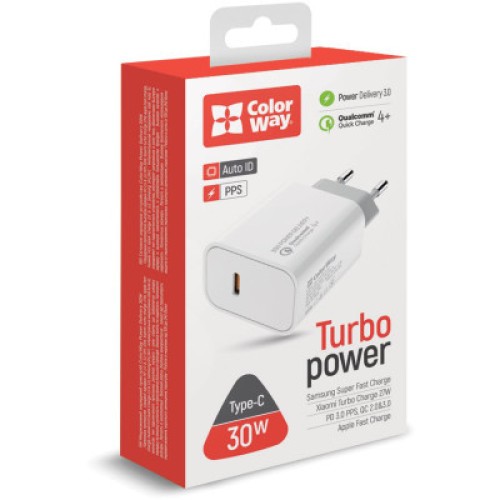 Зарядное устройство ColorWay PD Port PPS USB Type-C (30W) white (CW-CHS038PD-WT)