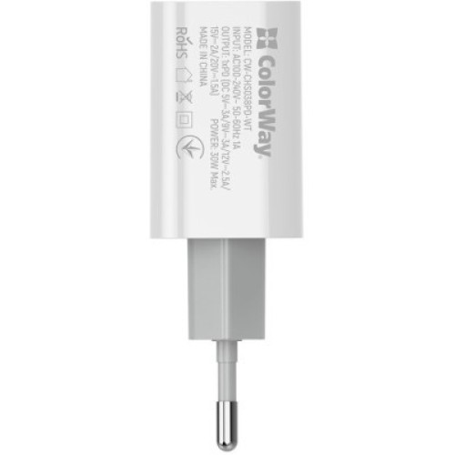 Зарядное устройство ColorWay PD Port PPS USB Type-C (30W) white (CW-CHS038PD-WT)