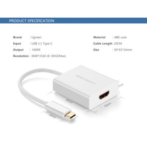 Переходник USB2.0 Type-C to HDMI V1.4b 40273 white Ugreen (40273)
