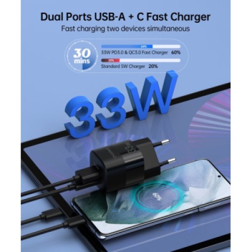 Зарядное устройство Choetech GaN USB-A/USB-C 33W QC3.0/PD/PPS (PD5006-EU-BK)