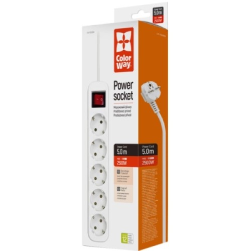 Сетевой фильтр питания ColorWay CW-PSEA55W, 5 розеток/ 5M white (CW-PSEA55W)