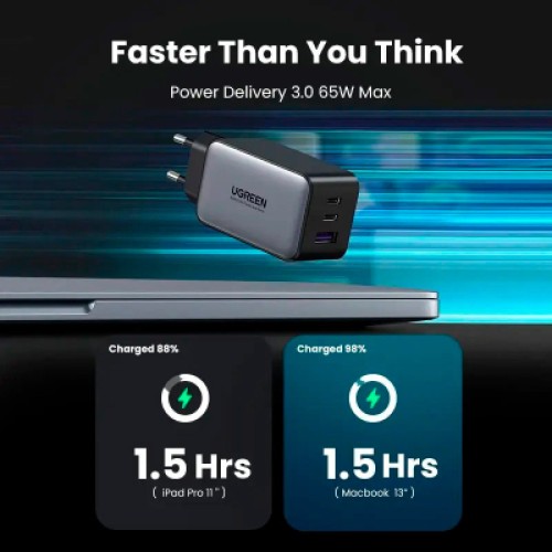 Зарядное устройство Ugreen 3xUSB 65W GaN (2хUSB-C+USB-A) CD244 Grey (10335) Зарядное устройство Ugreen 3xUSB 65W GaN (2хUSB-C+USB-A) CD244 Grey (10335)
