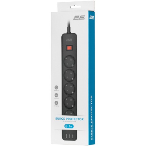 Сетевой фильтр питания 2E 5XSchuko, 3G*1.5мм, 3*USB-A, 2м, black (2E-SP515M2USBBK)