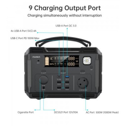 Зарядная станция Choetech BS004-EU-BK, 500W (BS004-EU-BK)