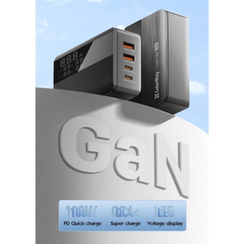 Зарядное устройство ColorWay Power Delivery GaN (2USB-A + 2USB TYPE-C) (100W) black (CW-CHS041PD-BK)