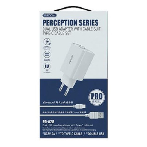 Зарядное устройство Proda PD-A28i 2хUSB 2.4A + USB Ligthtning 1.0m (PD-A28i-WH)