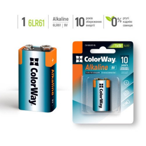 Батарейка ColorWay Крона 6LR61 9V Alkaline Power * 1 (CW-BA6LR61-1BL)