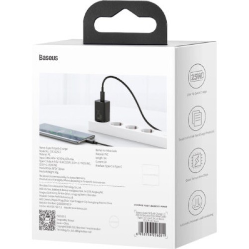 Зарядное устройство Baseus 1xUSB 25W (USB-C) + Cable Type-C black (TZCCSUP-L01)