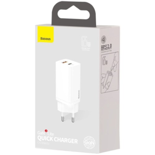 Зарядное устройство Baseus 2xUSB 65W GaN (USB-C+USB-A) white (CCGAN2L-B02)