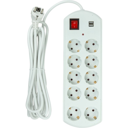 Сетевой фильтр питания PowerPlant 5м, 10 розеток, USB, євро, 100% мідь (YS-N6065/5) (EX610556)