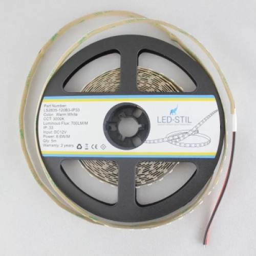 Светодиодная лента LED-STIL 3000K 8,6 Вт/м 2835 120 діодів IP33 12 Вольт 700 lm (LS2835-120B3-IP33)