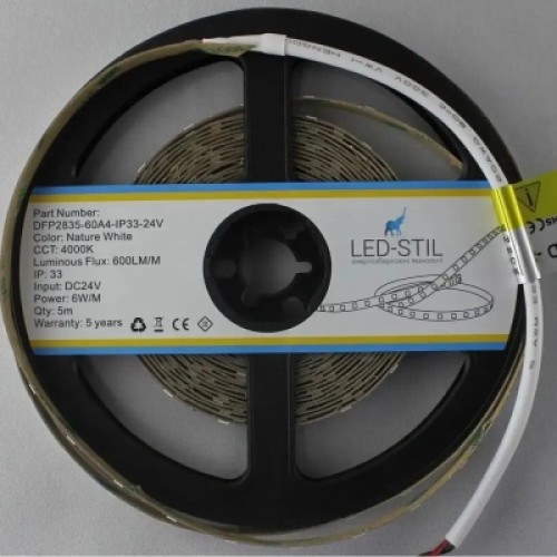 Светодиодная лента LED-STIL 4000K 6 Вт/м 2835 60 діодів IP33 24 Вольта 600 lm нейтральне світло (DFP2835-60A4-IP33-24V)
