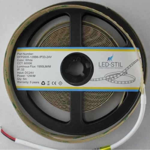 Светодиодная лента LED-STIL 6000K 12 Вт/м 2835 128 діодів IP33 24 Вольта 1950 lm холодне світло (DFP2835-128B6-IP33-24V)