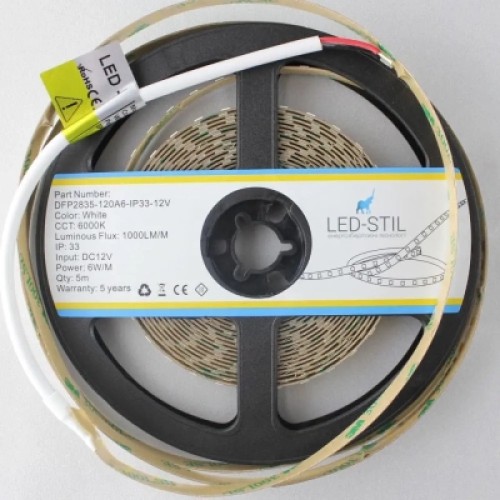 Светодиодная лента LED-STIL 6000K 6 Вт/м 2835 120 діодів IP33 12 Вольт 950 lm холодне світло (DFP2835-120A6-IP33-12V)