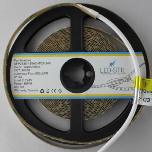 Светодиодная лента LED-STIL 6000K 6 Вт/м 2835 128 діодів IP33 24 Вольта 950 lm холодне світло (DFP2835-128A6-IP33-24V)