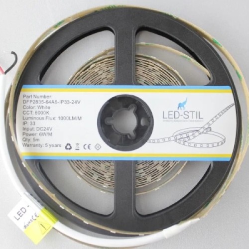 Светодиодная лента LED-STIL 6000K 6 Вт/м 2835 64 діода IP33 24 Вольта 1000 lm холодне світло (DFP2835-64A6-IP33-24V)