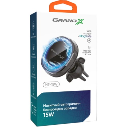 Универсальный автодержатель Grand-X MT-15W MagSafe с зарядкой 15W (крепление на дефлектор) (MT-15W)