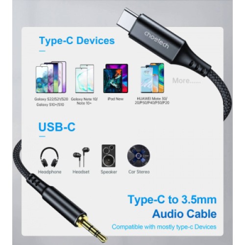 Кабель мультимедийный AUX USB-C to TRS Audio 3.5mm M/M DAC Chip 96kHz 1.0m black Choetech (AUX006)