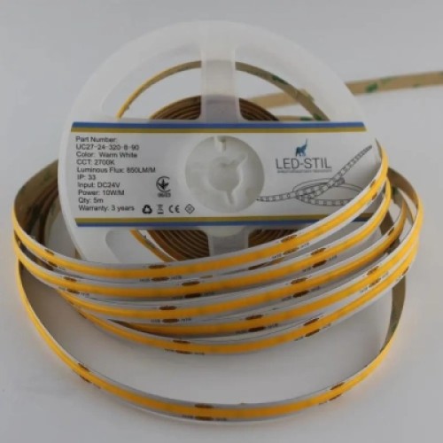 Светодиодная лента LED-STIL 2700K 10 Вт/м COB 320 диодов IP33 24 Вольта 850 lm теплый свет (UC27-24-320-8-90)