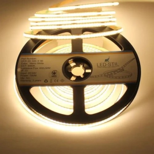 Светодиодная лента LED-STIL 3000K 7 Вт/м COB 320 диодов IP33 24 Вольта 600 lm теплый свет узкая (UC3-24-320-5-90)