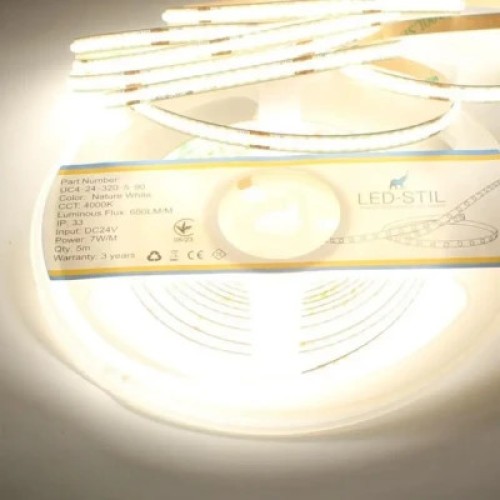 Светодиодная лента LED-STIL 4000K 7 Вт/м COB 320 диодов IP33 24 Вольта 650 lm нейтральный свет, узкий (UC4-24-320-5-90)
