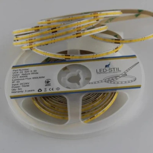 Светодиодная лента LED-STIL 4000K 7 Вт/м COB 320 диодов IP33 24 Вольта 650 lm нейтральный свет, узкий (UC4-24-320-5-90)