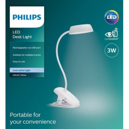 Настольная лампа Philips LED Reading Desk lamp Donutclip 3W, 4000K, 1200mAh (Lithium battery), білий (929003179727)
